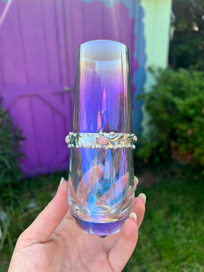 Iridized stemless champagne glass with moonstone