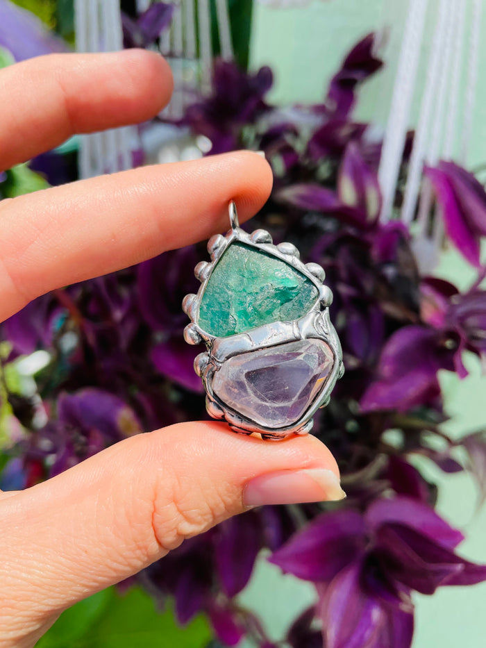 Raw Emerald and Gumdrop Gem Kunzite amulet