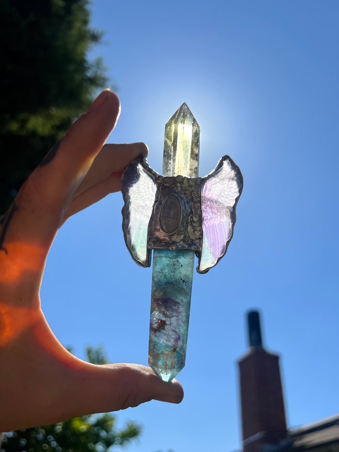Reiki Crystal Wand for energy cleansing; Citrine, Fluorite, and Moonstone