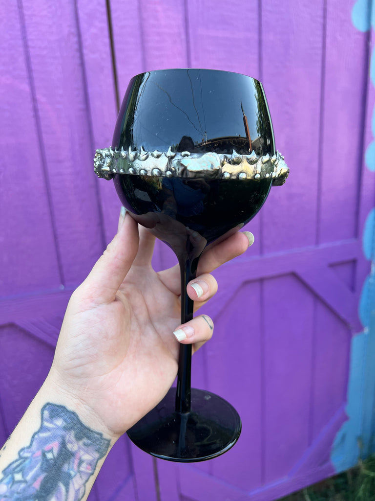 Black glass Goblet with Opal and Pyrite