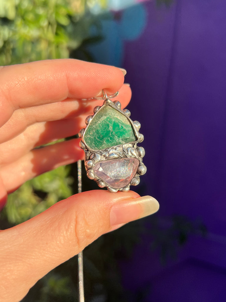 Raw Emerald and Gumdrop Gem Kunzite amulet