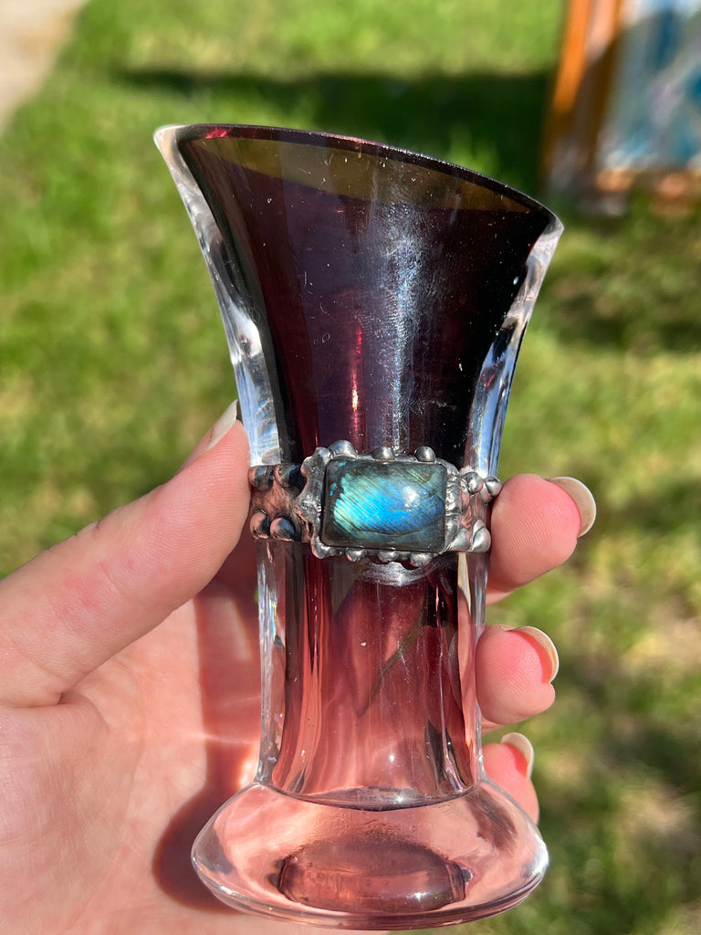 Purple glass vase with labradorite