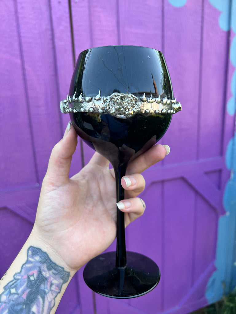 Black glass Goblet with Opal and Pyrite