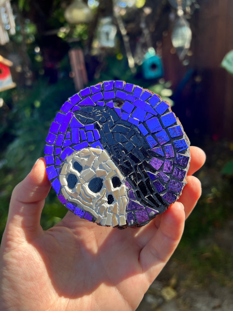 Handmade Dichroic Glass Skull and Raven Ornament