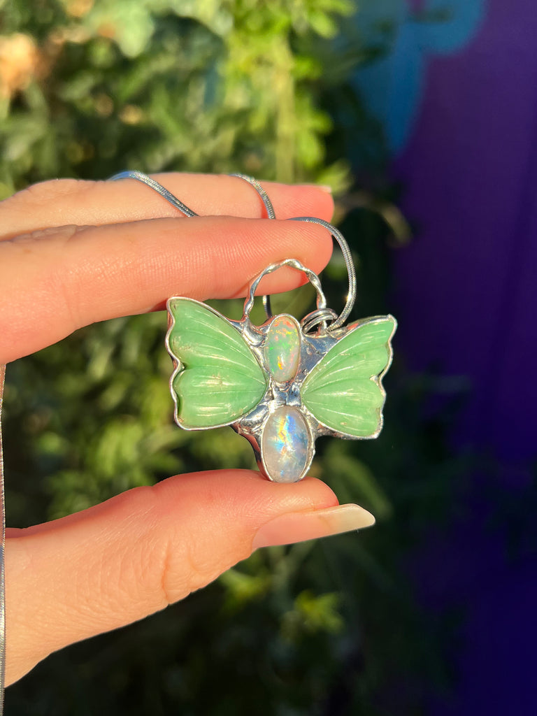 Chrysoprase, Opal and moonstone butterfly amulet