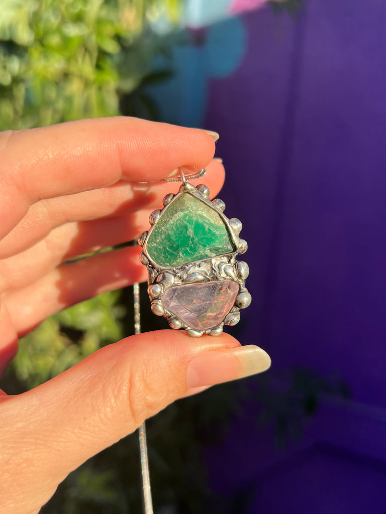 Raw Emerald and Gumdrop Gem Kunzite amulet