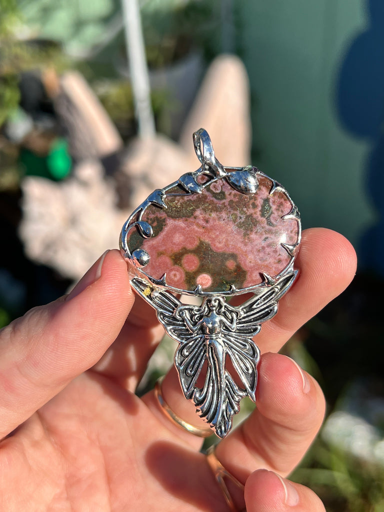 Pink Picture Jasper Stone with fairy pendant