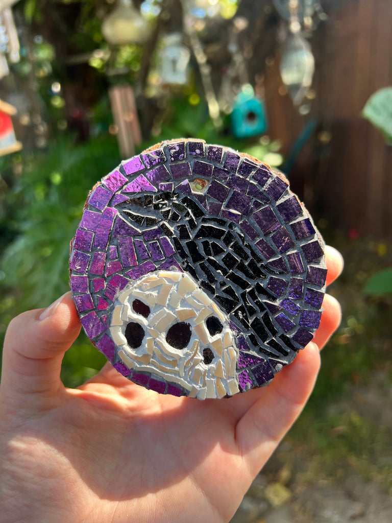 Handmade Dichroic Glass Skull and Raven Ornament