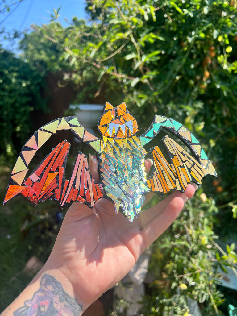 Dichroic glass bat mosaic