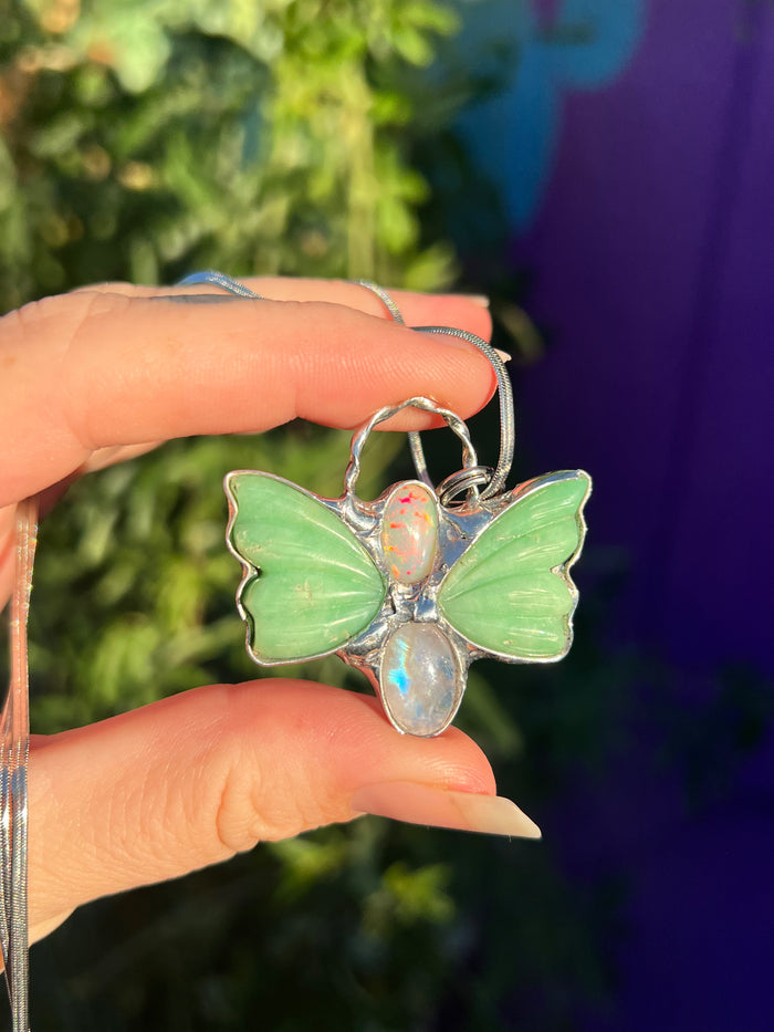 Chrysoprase, Opal and moonstone butterfly amulet