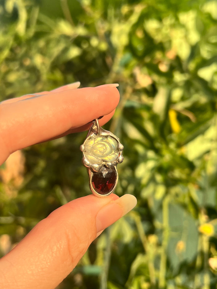 Garnet and Labradorite rose amulet