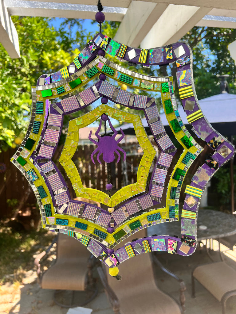 Spider web mosaic mobile hanging outdoor/indoor decor