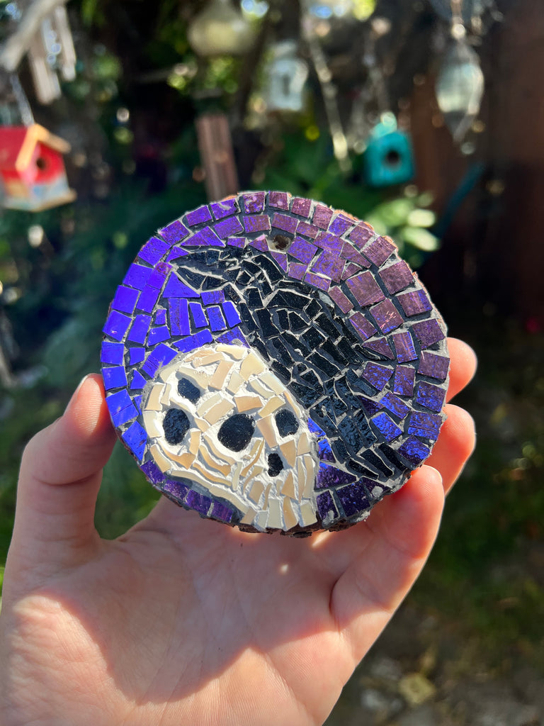 Handmade Dichroic Glass Skull and Raven Ornament