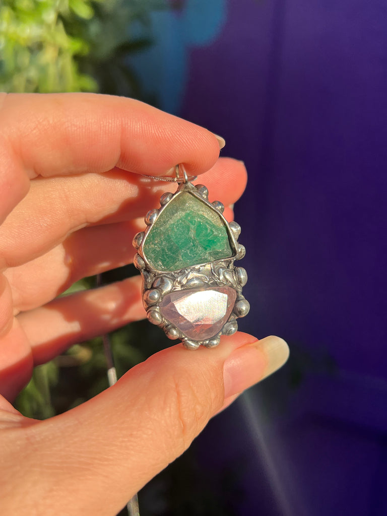 Raw Emerald and Gumdrop Gem Kunzite amulet