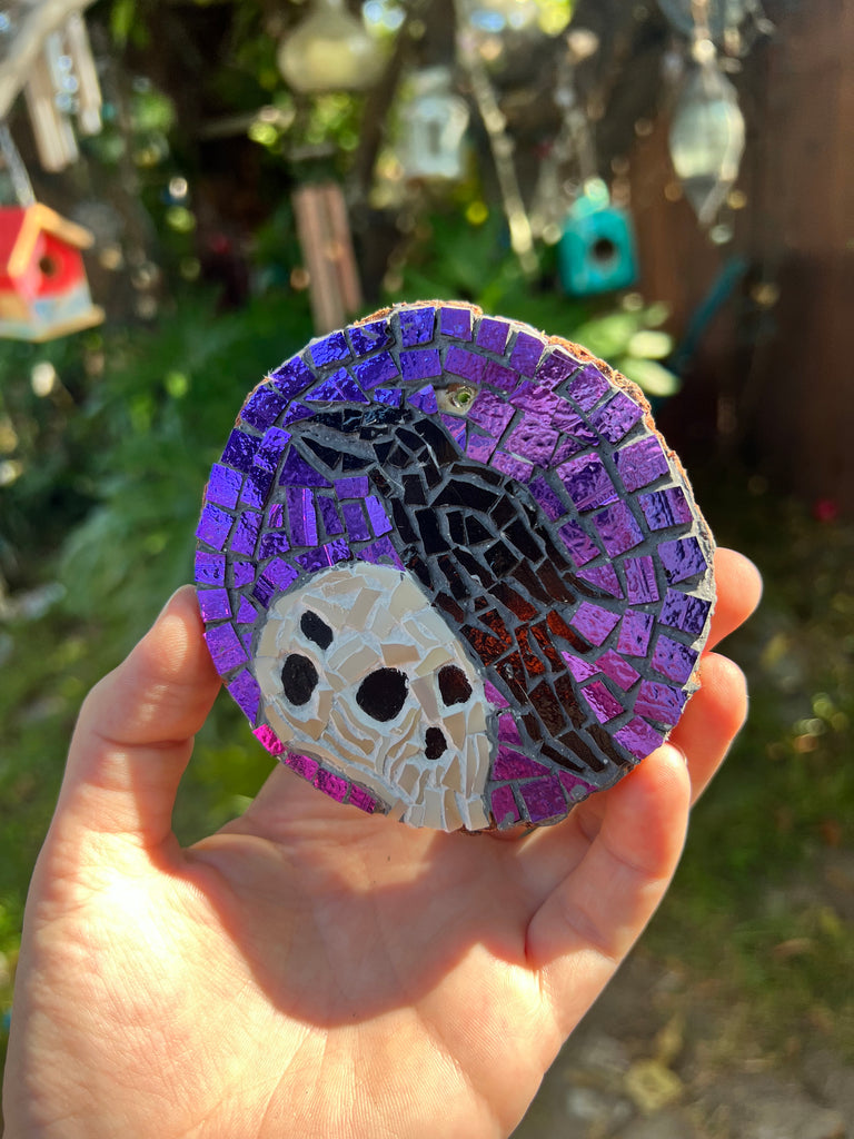Handmade Dichroic Glass Skull and Raven Ornament