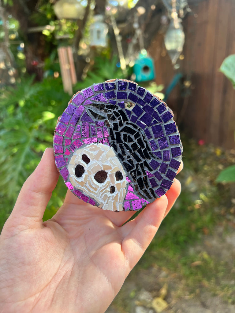 Handmade Dichroic Glass Skull and Raven Ornament
