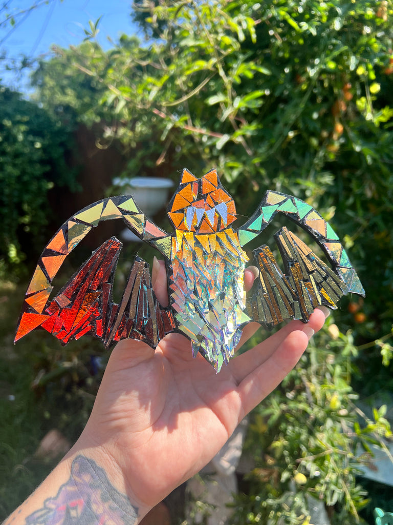 Dichroic glass bat mosaic