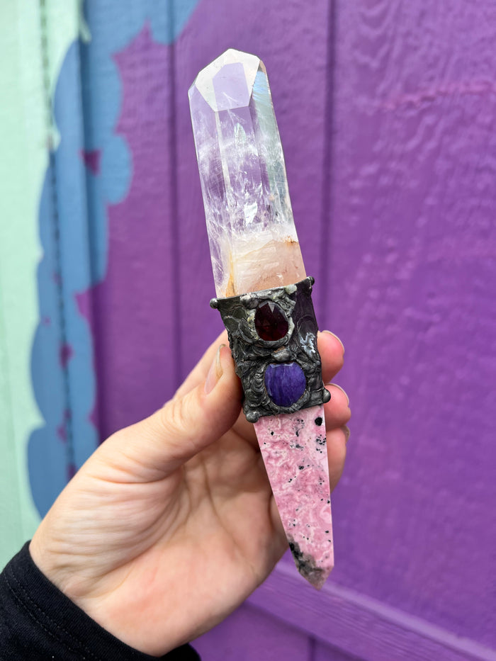 Rhodochrosite and Lemurian Quartz wand spiritual energywork tool