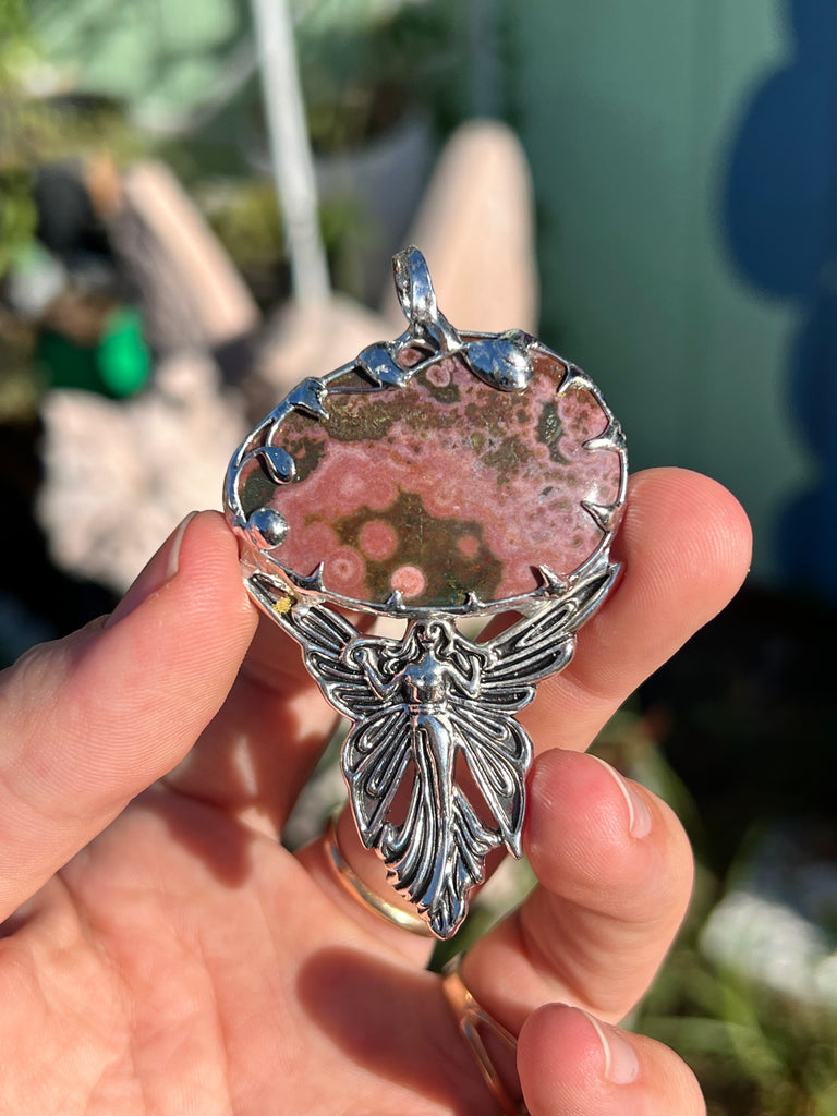 Pink Picture Jasper Stone with fairy pendant