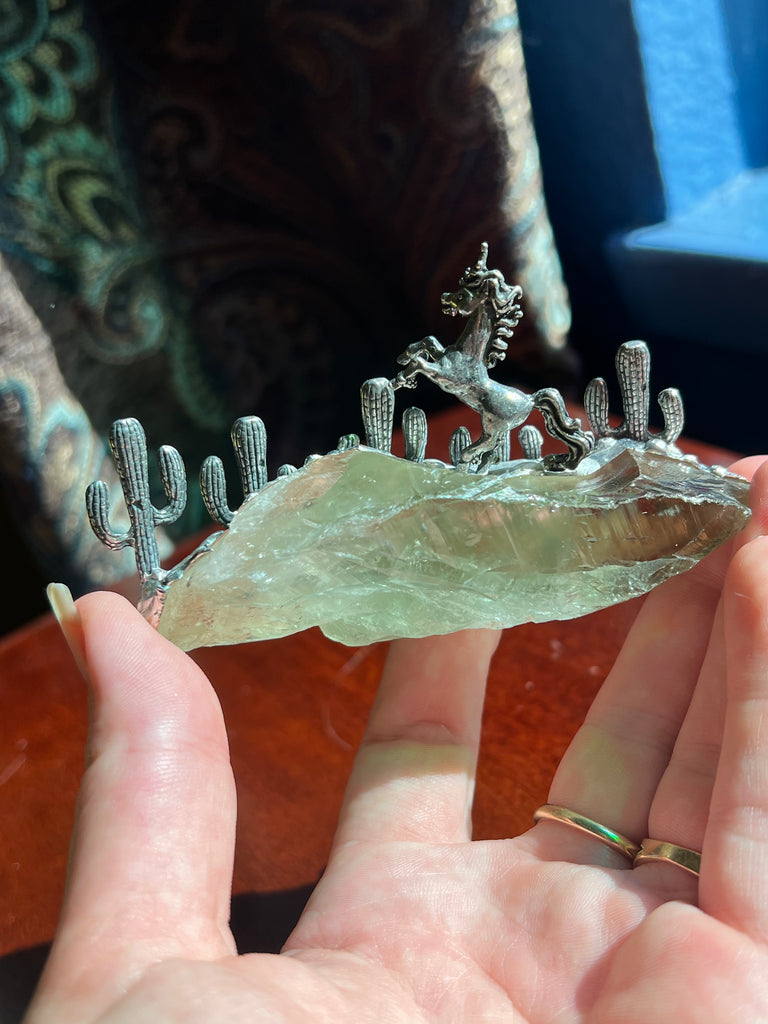 Green amethyst (Prasiolite) desert unicorn scene