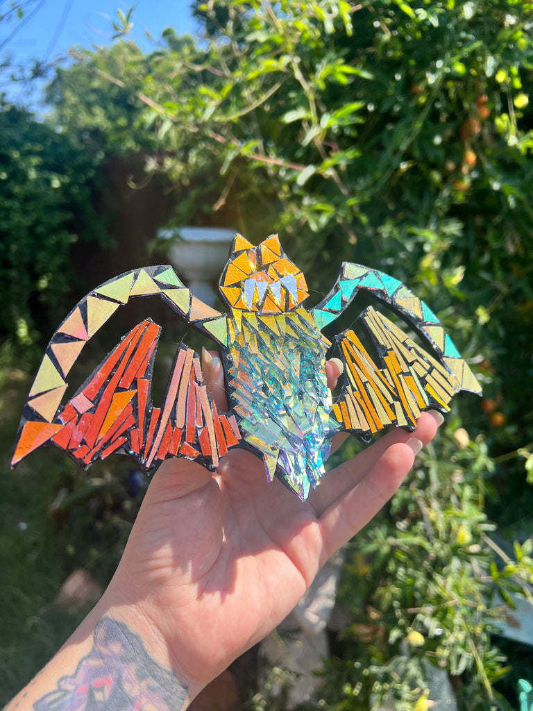 Dichroic glass bat mosaic
