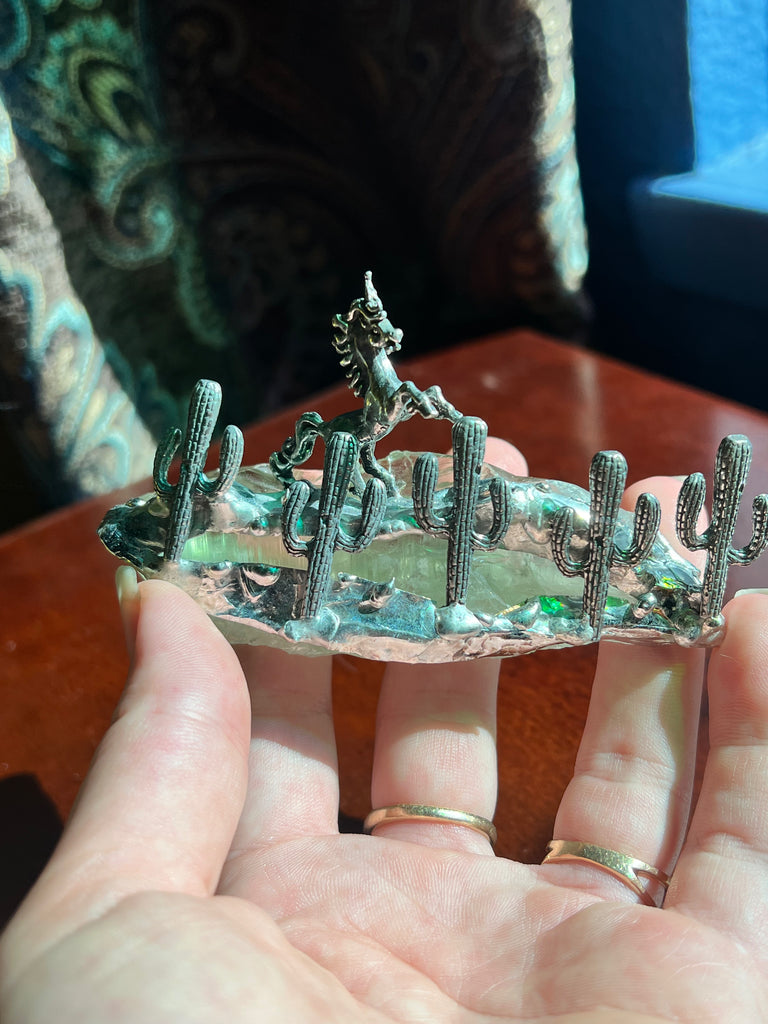 Green amethyst (Prasiolite) desert unicorn scene