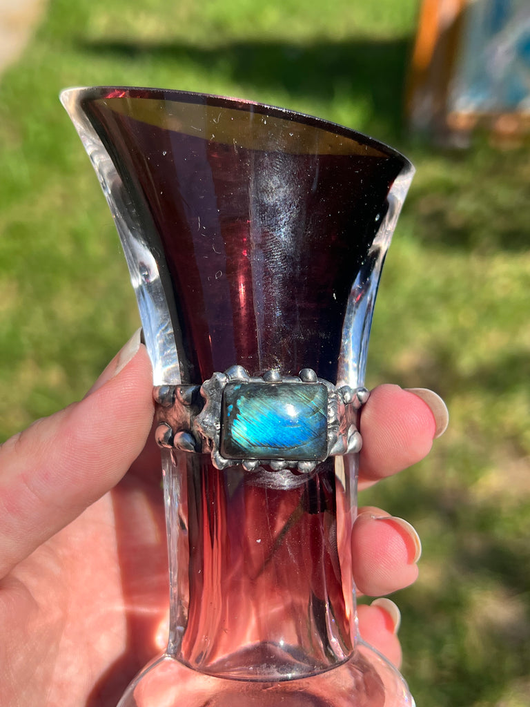 Purple glass vase with labradorite