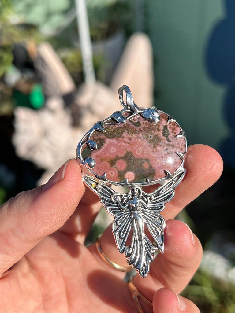 Pink Picture Jasper Stone with fairy pendant