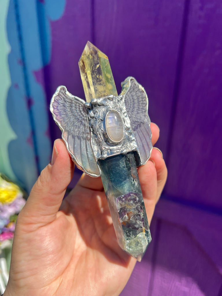 Reiki Crystal Wand for energy cleansing; Citrine, Fluorite, and Moonstone