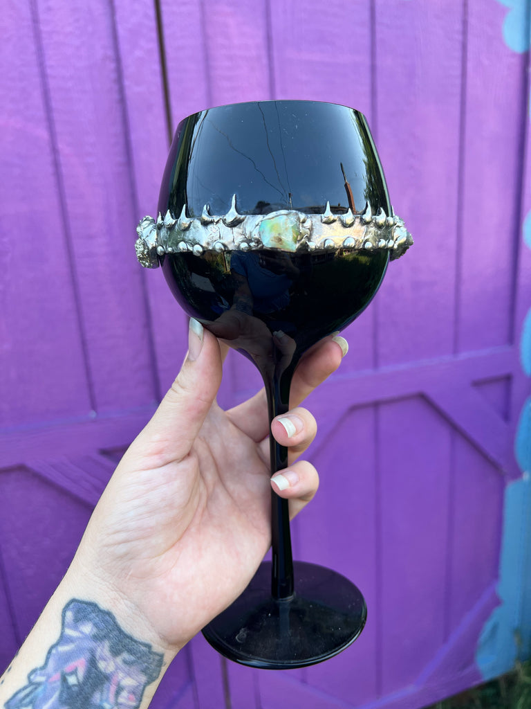 Black glass Goblet with Opal and Pyrite