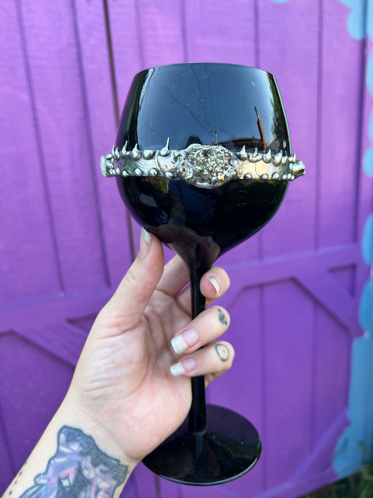 Black glass Goblet with Opal and Pyrite