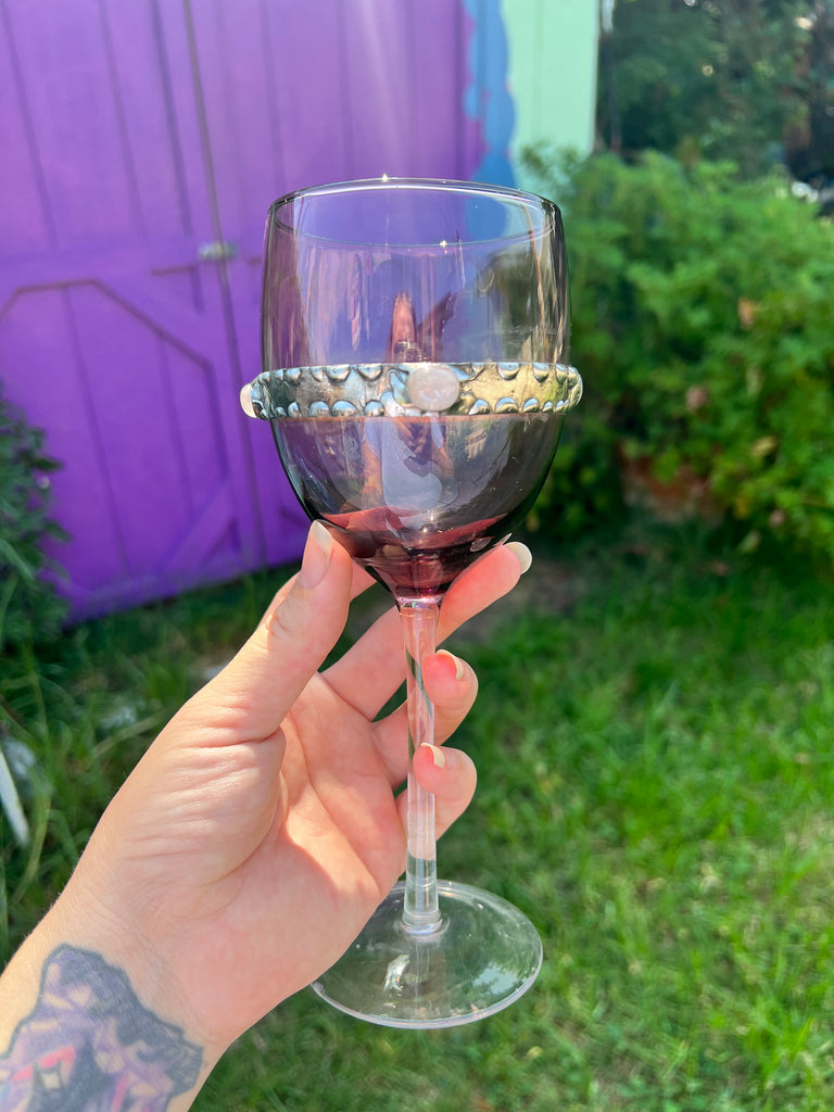 Purple Stemmed Wine Glass with moonstone