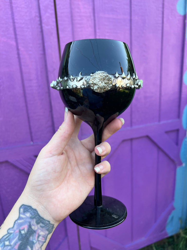 Black glass Goblet with Opal and Pyrite