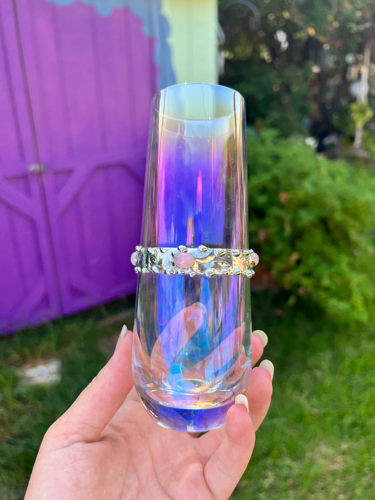 Iridized stemless champagne glass with moonstone