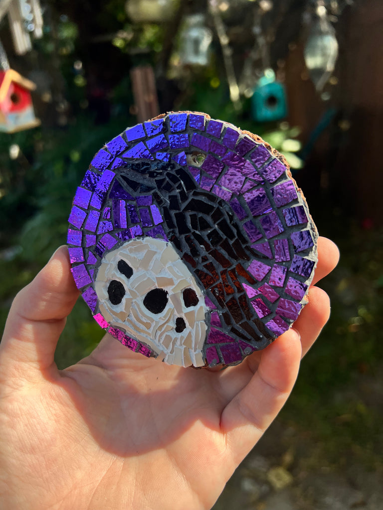 Handmade Dichroic Glass Skull and Raven Ornament