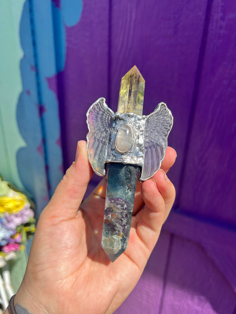 Reiki Crystal Wand for energy cleansing; Citrine, Fluorite, and Moonstone