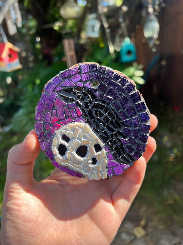 Handmade Dichroic Glass Skull and Raven Ornament