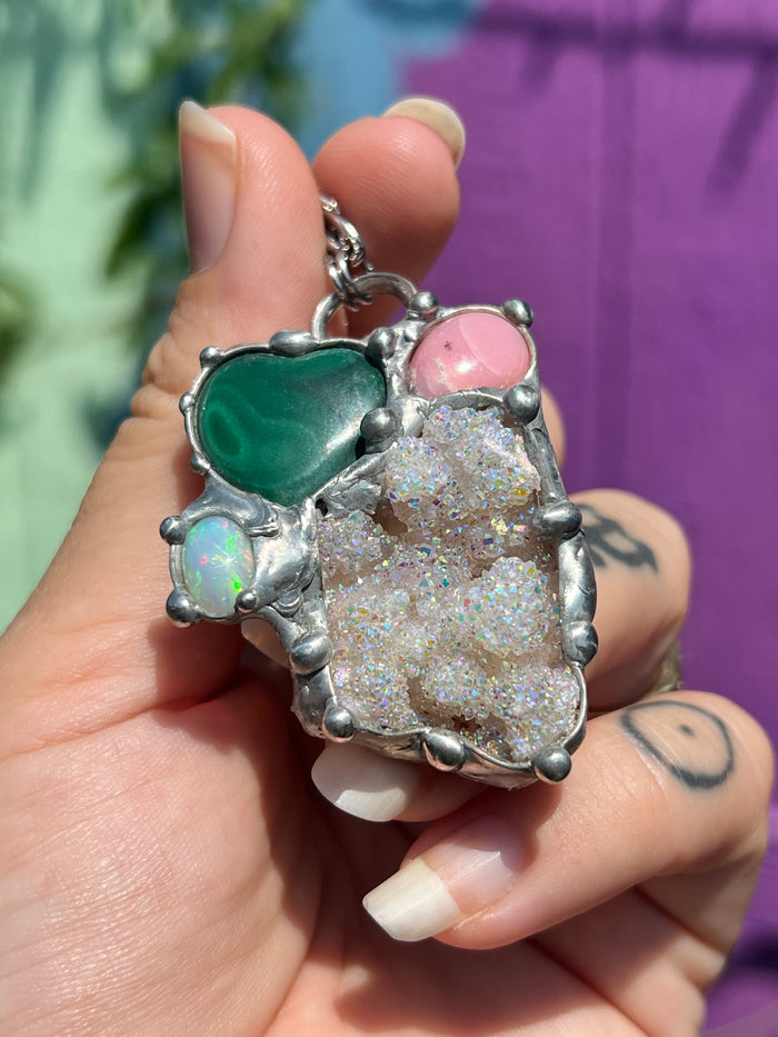 Crystal collage amulet; Aura Quartz, Opal, Malachite, & pink opal
