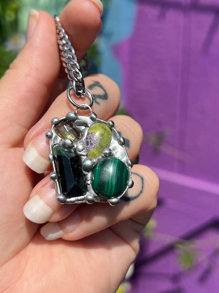 Rainbow Crystal Collage; Green gem Amulet