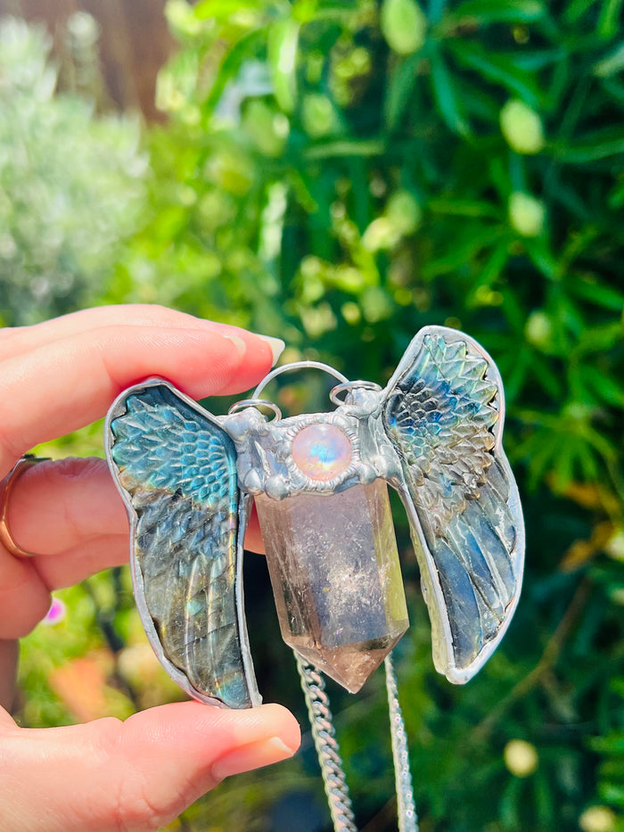 Art Angel Amulet  (Labradorite wings & Smoky Quartz)