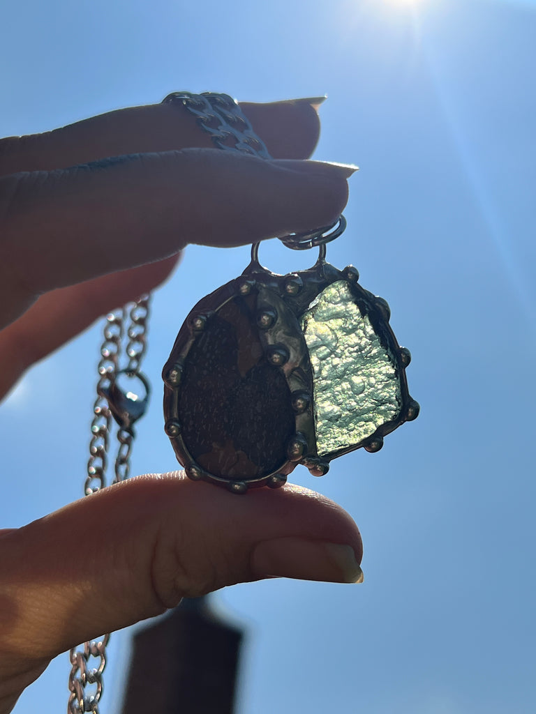 Ammonite and Moldavite amulet