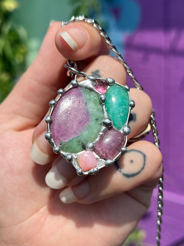 Rainbow Crystal Collage; Green & Pink gem Amulet