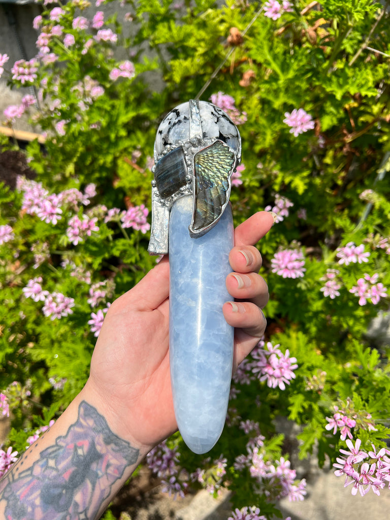 Compassionate Release wand; Moonstone and Blue Chalcedony Angel