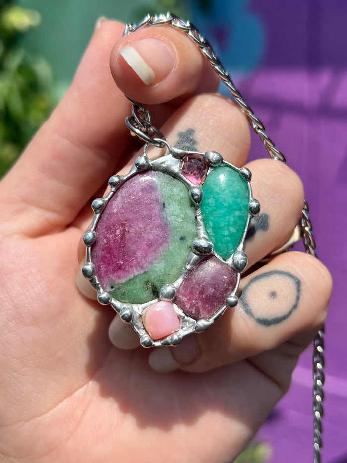 Rainbow Crystal Collage; Green & Pink gem Amulet