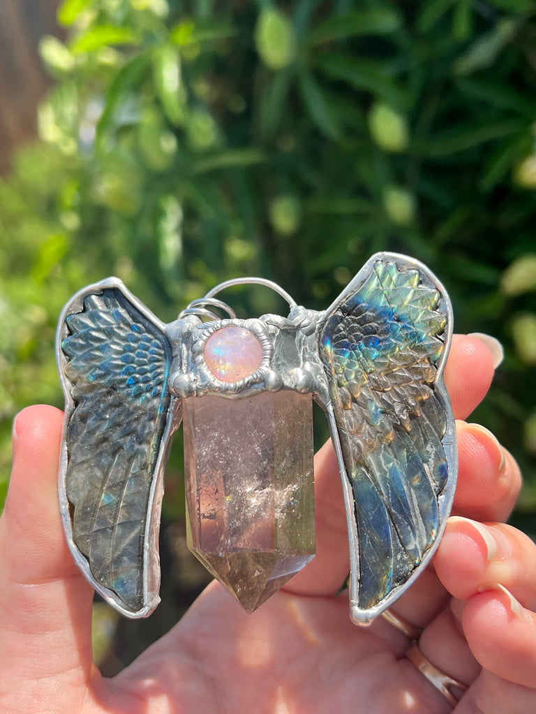 Art Angel Amulet  (Labradorite wings & Smoky Quartz)