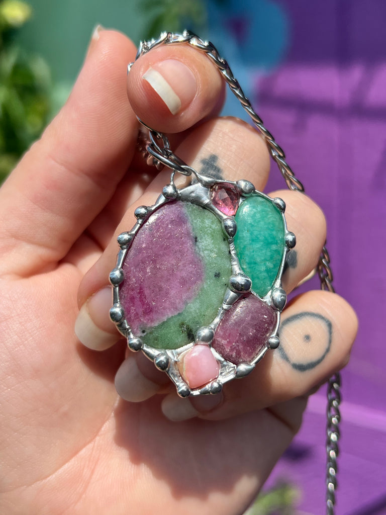 Rainbow Crystal Collage; Green & Pink gem Amulet