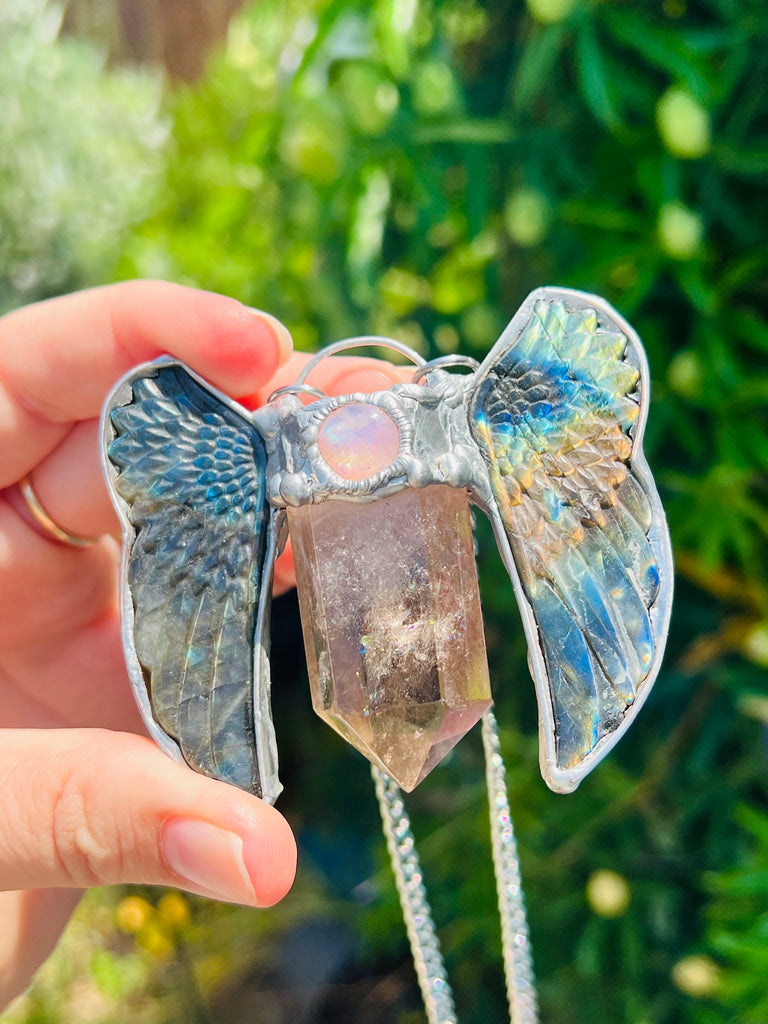 Art Angel Amulet  (Labradorite wings & Smoky Quartz)
