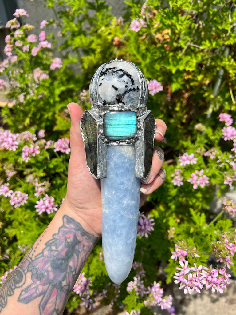 Compassionate Release wand; Moonstone and Blue Chalcedony Angel
