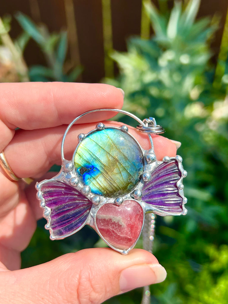 Labradorite & Amethyst Butterfly with Rhodochrosite heart amulet