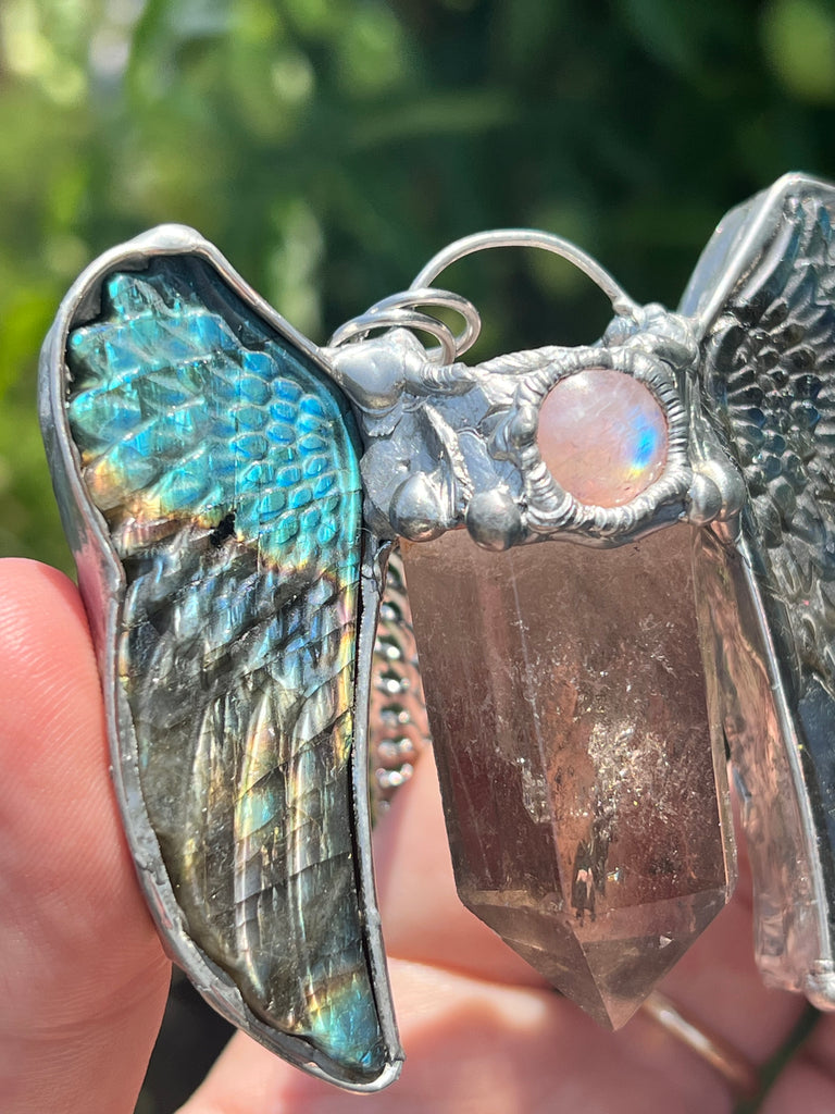 Art Angel Amulet  (Labradorite wings & Smoky Quartz)